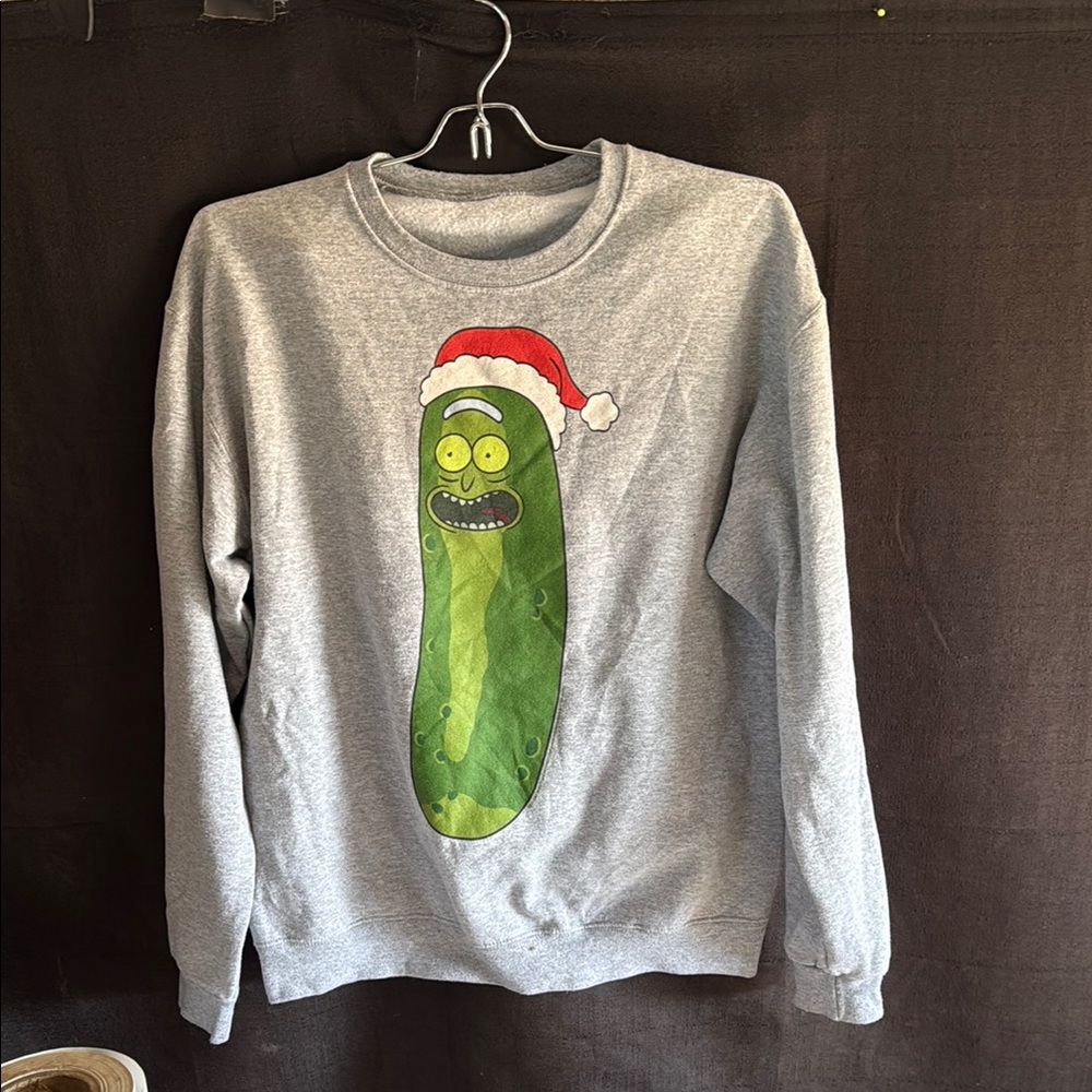 Rick and Morty Gray Sweatshirt with Christmas Pickle Design M
